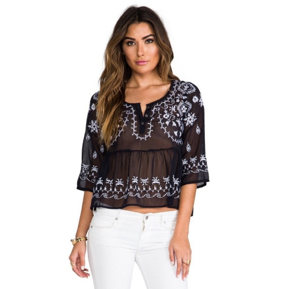 Free People Pennies Sequel embroidered navy blue peplum blouse - Picture 1 of 6